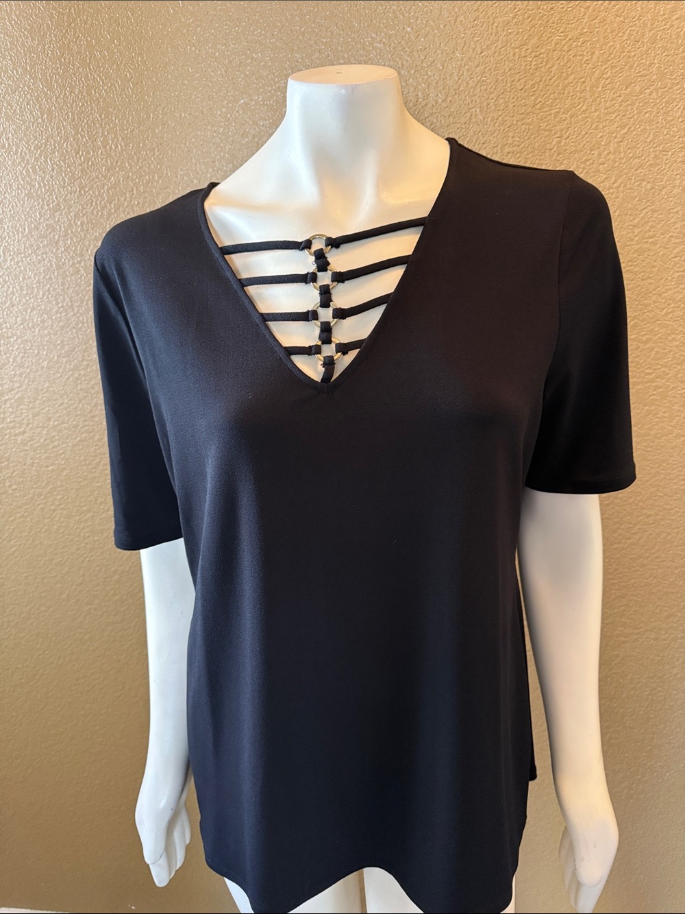 Women's Black Short-Sleeve V-Neck Top with Ladder Strap Detail